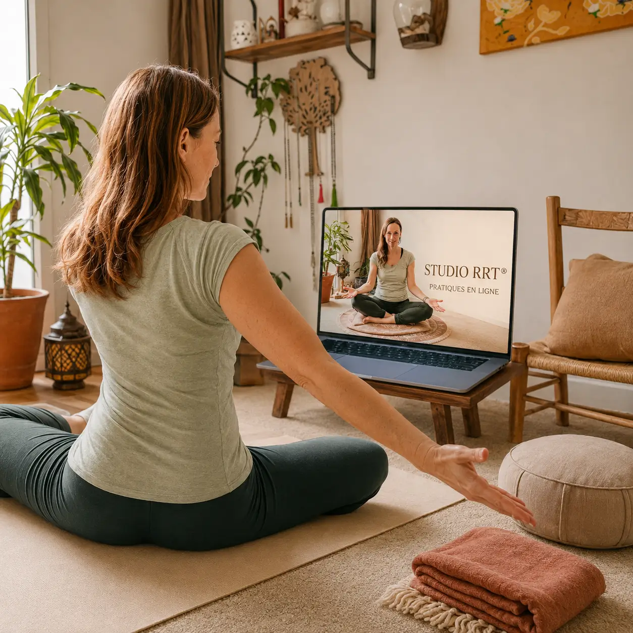Femme pratiquant le yoga somatique en ligne avec Nadine Bach dans le Studio RRT